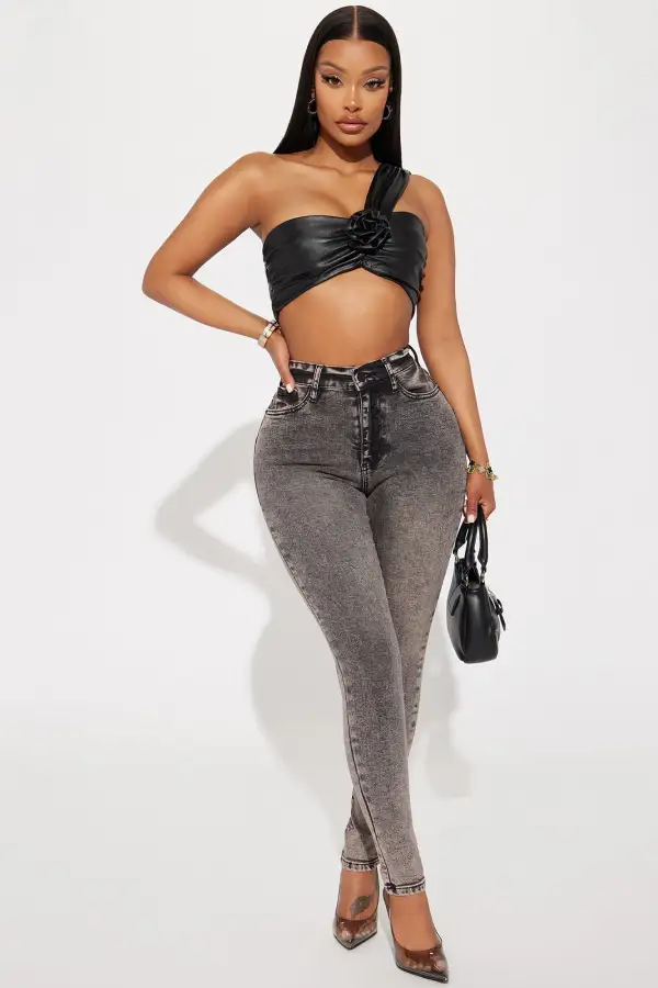 Let's Get Drinks Faux Leather Top - Black