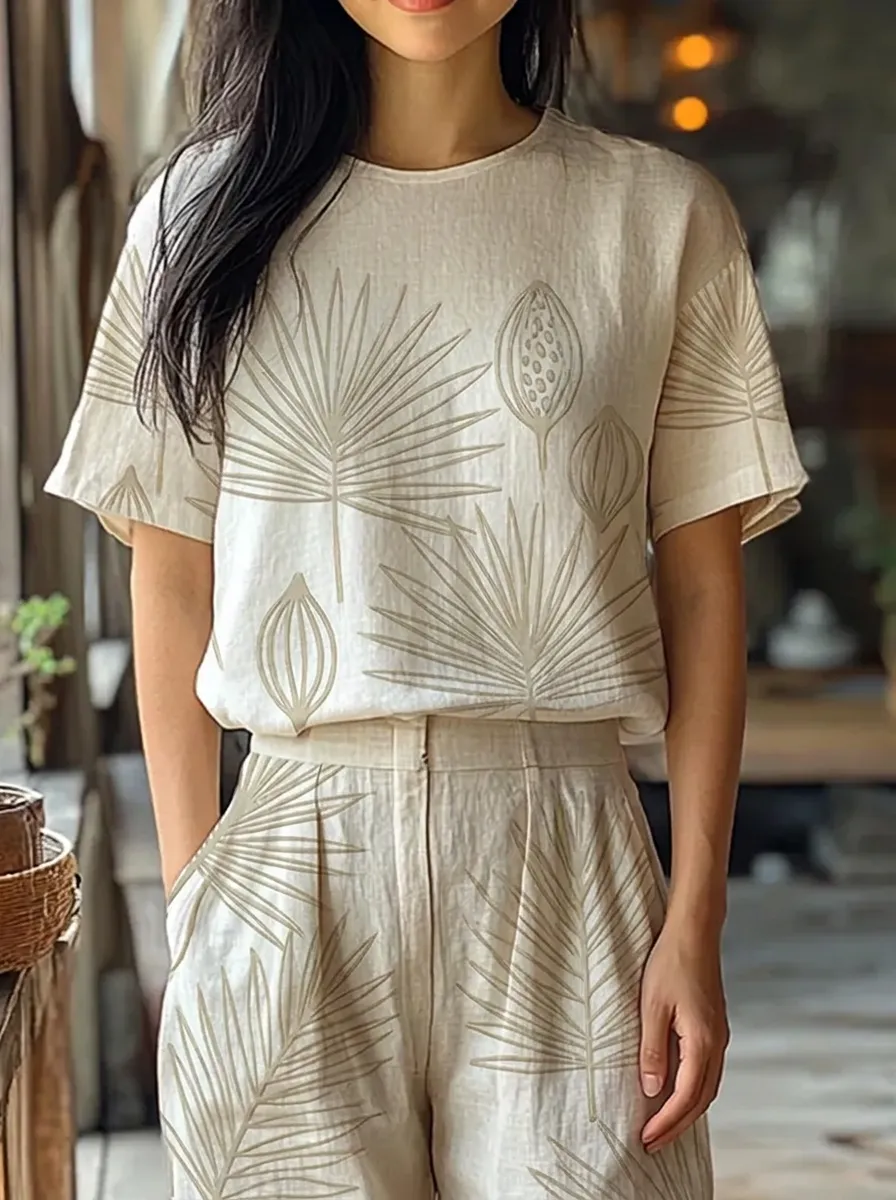 Women's Nashville Botanical Palm Leaf Printed Linen Top