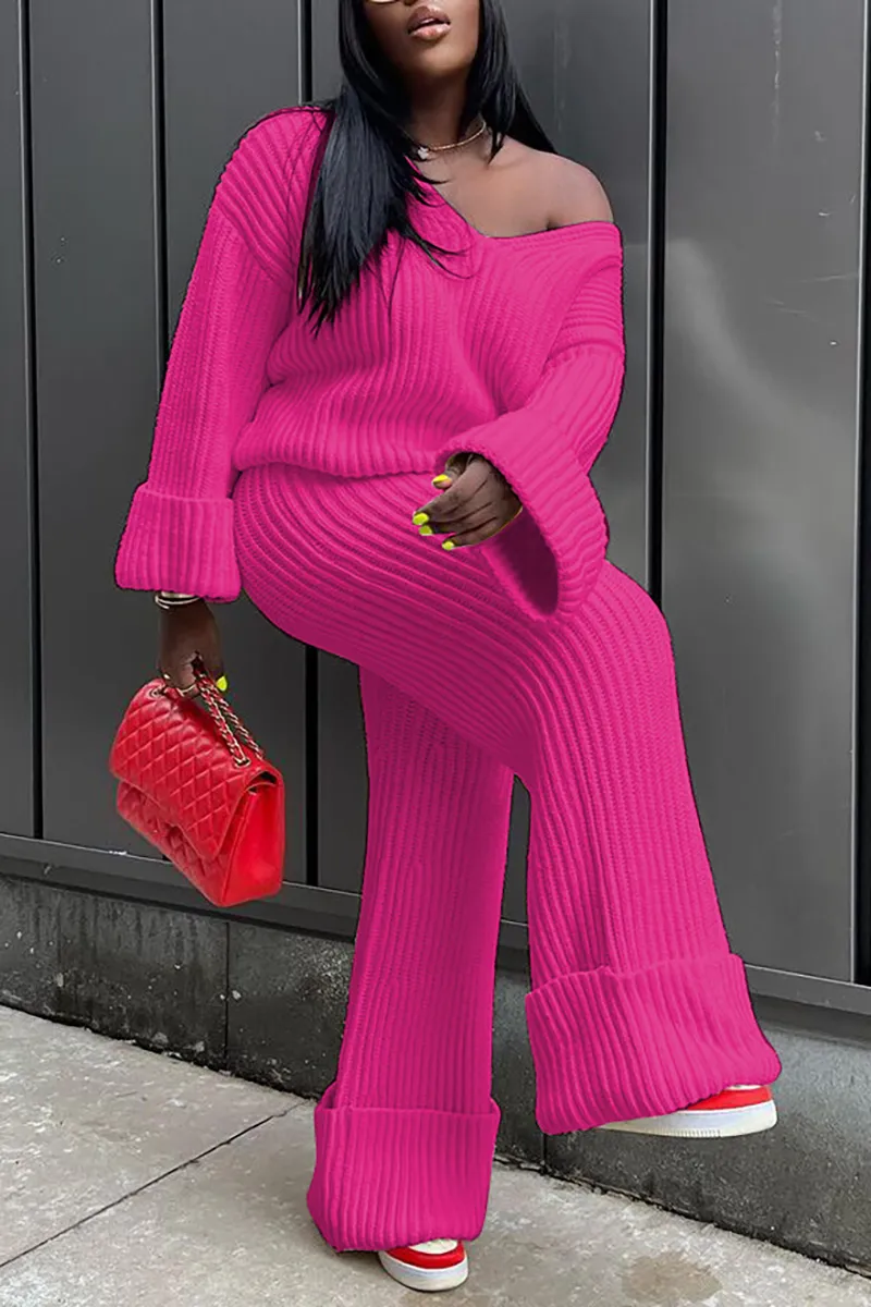 Pleated Knit Off Shoulder Long Sleeve Sweater Straight Leg Pants Matching Set-White