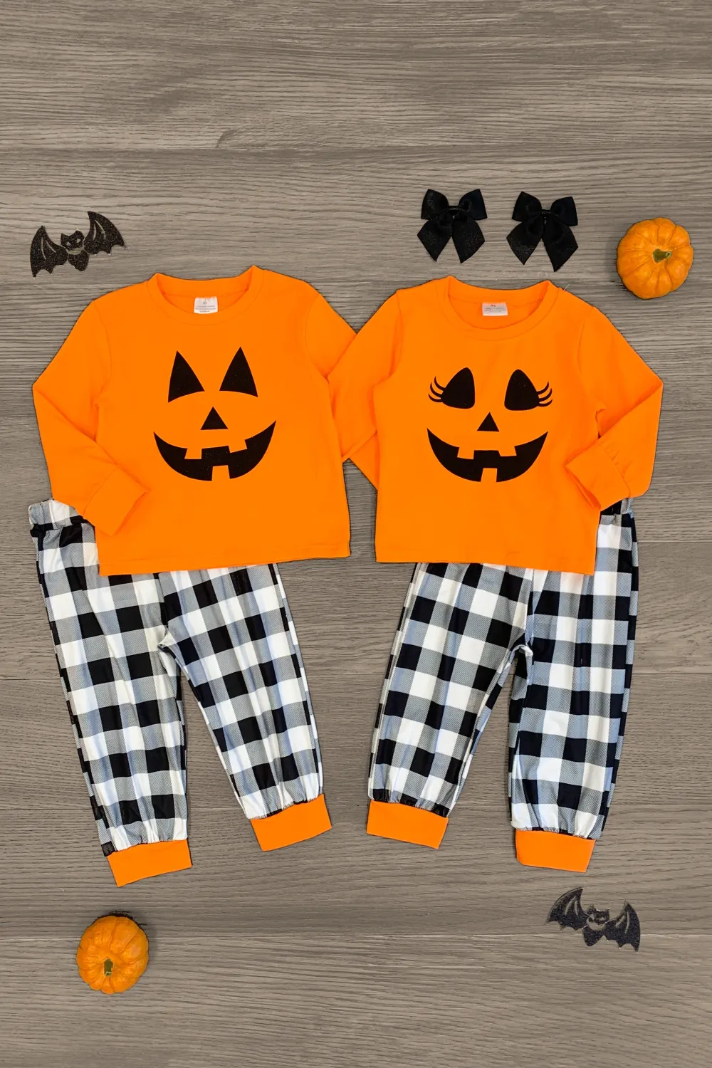 Buffalo Plaid Jack-O-Lantern Pajama Sets - BOY & GIRL