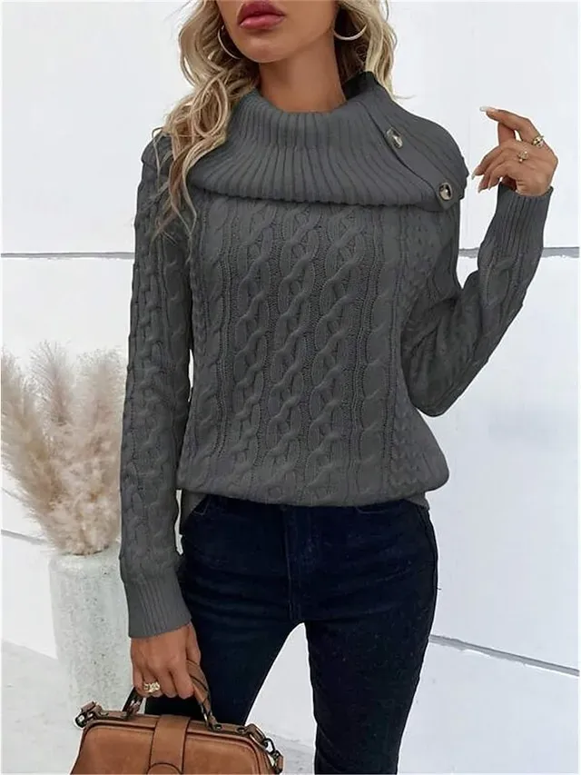Women's Sweater Pullover Sweater Jumper Casual Soft Pure Color Ribbed Turtleneck Buttons Knitted Long Sleeve Regular Tops Knit Outdoor Daily Weekend Wine Khaki Fall Winter