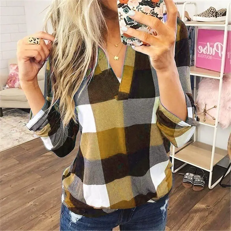 V Neck Lattice Color-blocked Long Sleeve Casual T-Shirt
