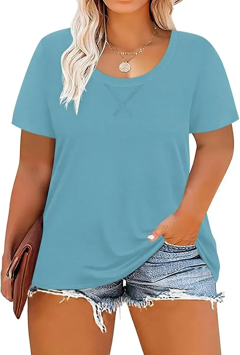 TIYOMI Plus Size T Shirt for Women Short Sleeve Tunic Cross Line Shirts Round Neck Tops Summer Blouse XL-5XL 14-28