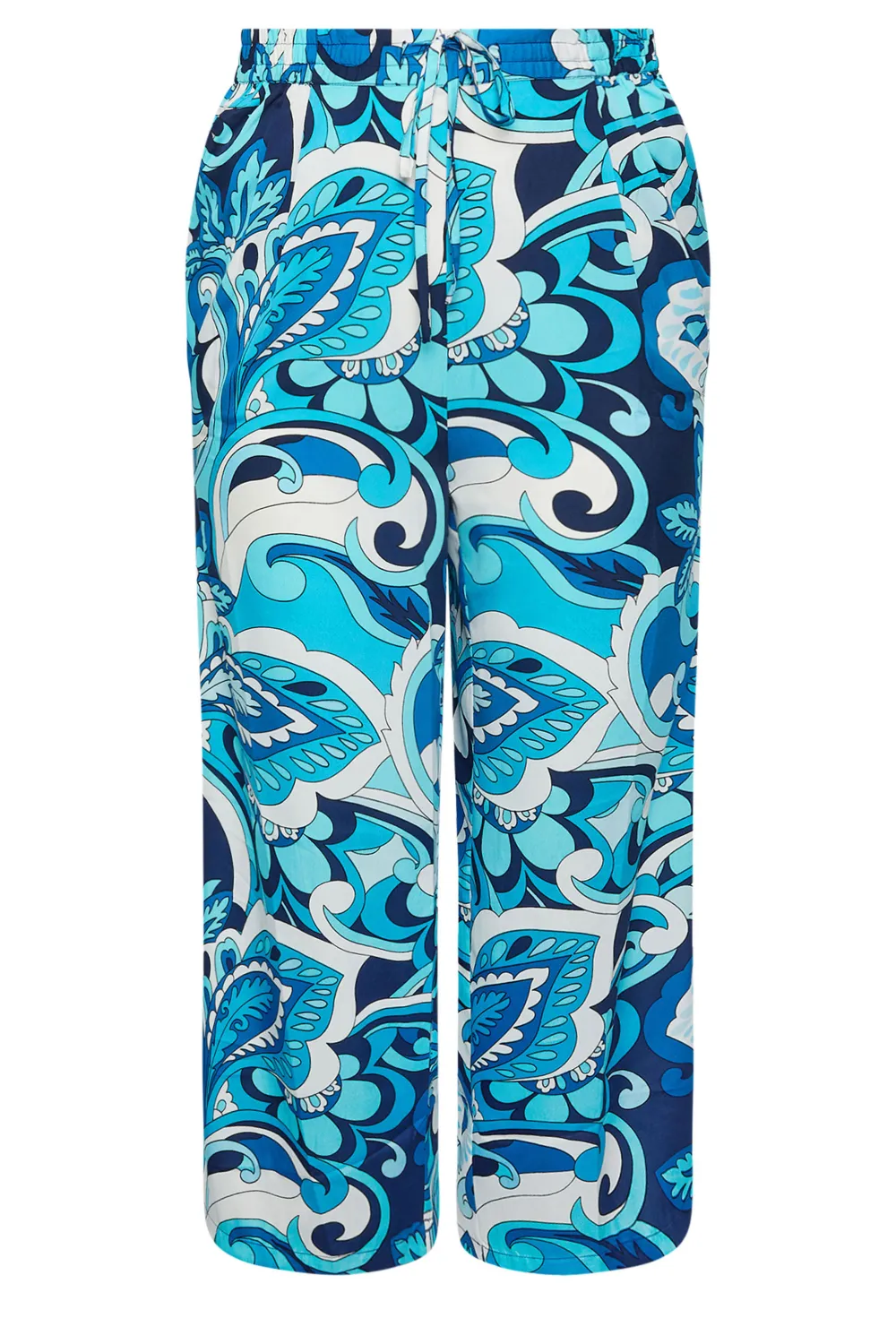 Yours Curve Black Leaf Print Drawstring Wide Leg Trousers