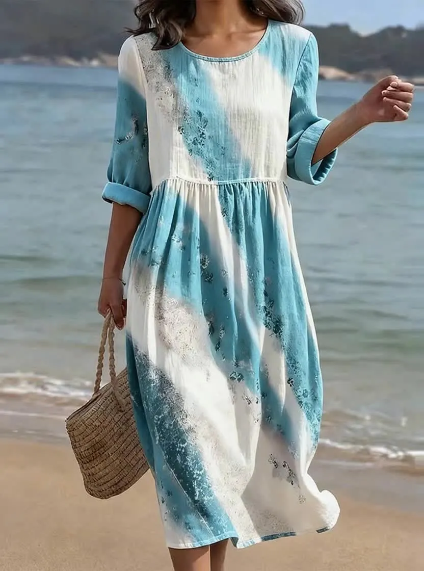 Women'S Casual Round Neck Mid Sleeve Print Cotton And Linen Dress