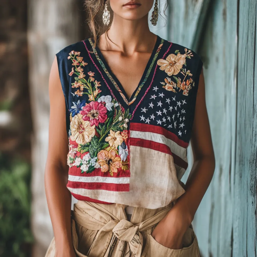 Women's Independence Day American Flag Floral Embroidered V-neck Linen Blend T-shirt