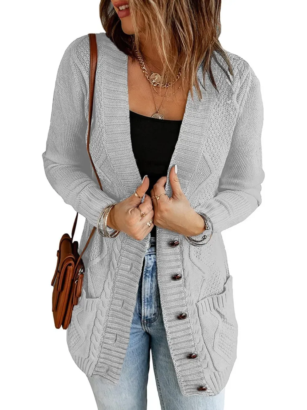 Womens Long Sleeve Open Front Buttons Cable Knit Pocket Sweater Cardigan