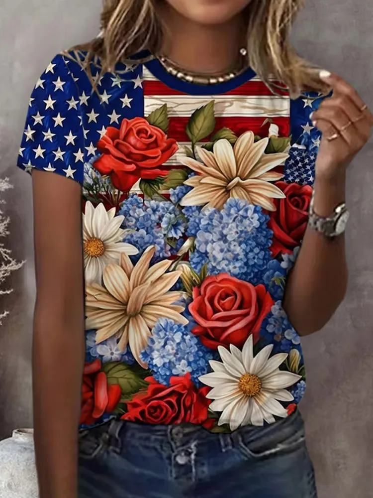 Women's Red White Blue Floral Flag Print Round Neck T-shirt