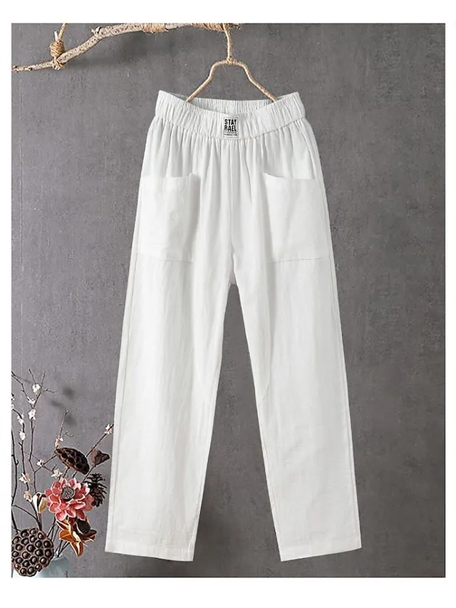 Women's Slacks Baggy Cropped Pants Linen Plain Pocket Baggy Ankle-Length Micro-elastic Mid Waist Streetwear Casual Vacation Casual Daily Black White S M Summer Spring