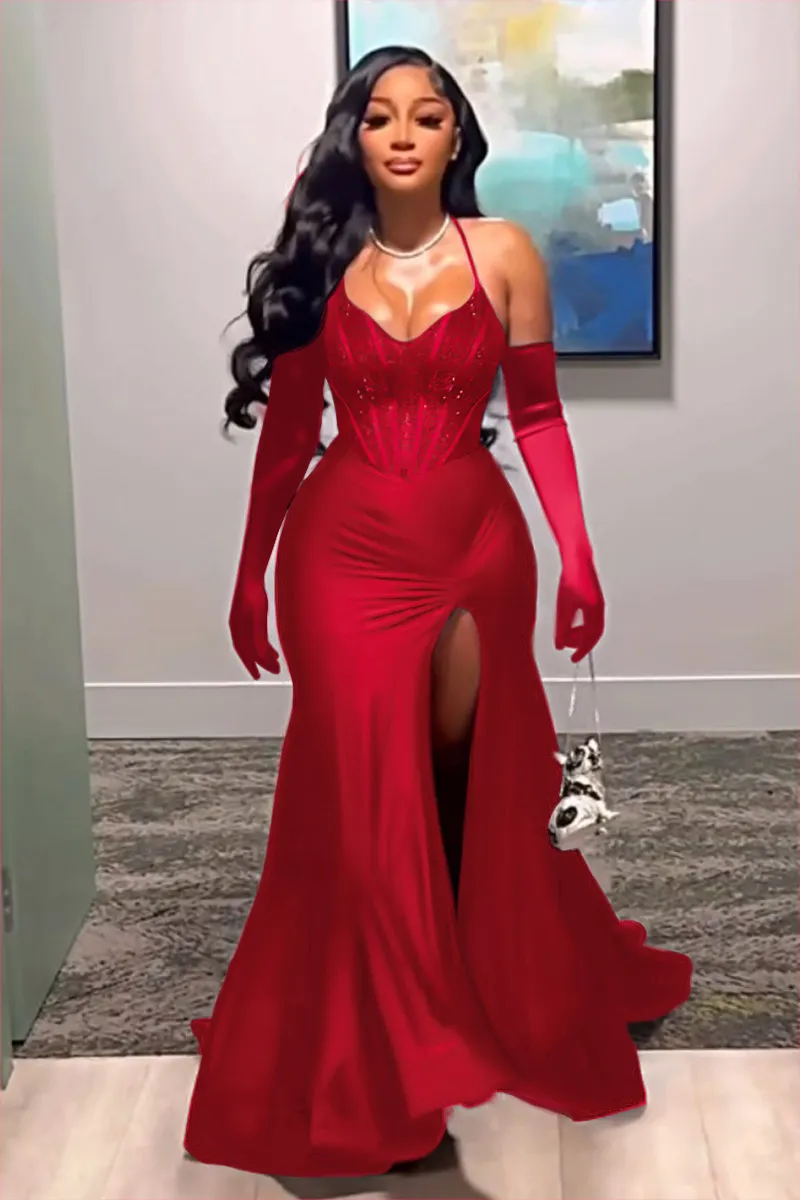 Halter Mermaid Hem High Slit Party Corset Maxi Dresses