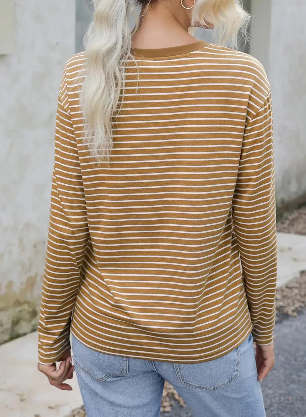 Dokotoo Women's Casual Striped Long Sleeve Tops Crew Neck Knit Ribbed Basic T Shirts