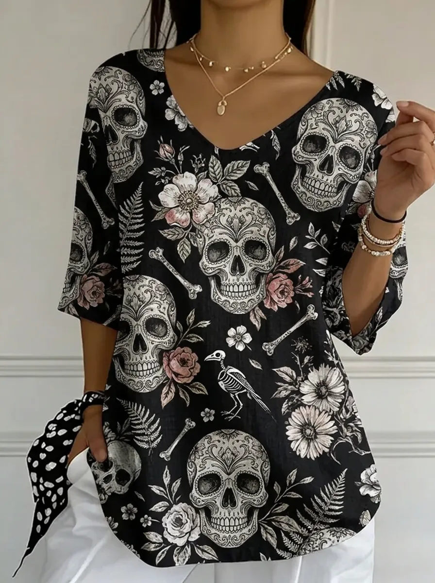 Women's Nashville Gothic Skull Floral Printed V-neck Top