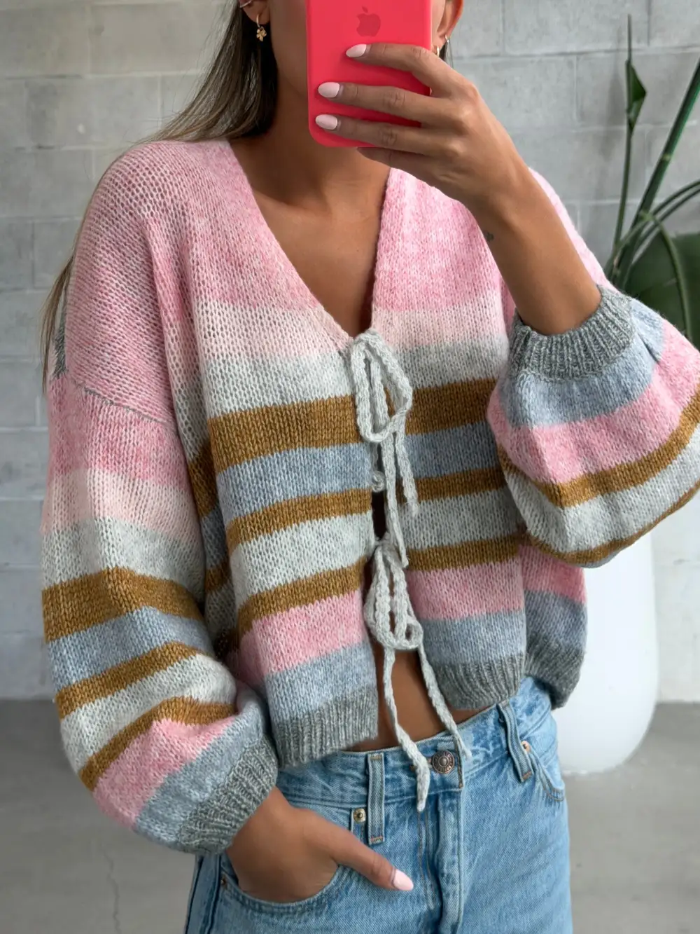 Striped Tie Front Knit Cardigan