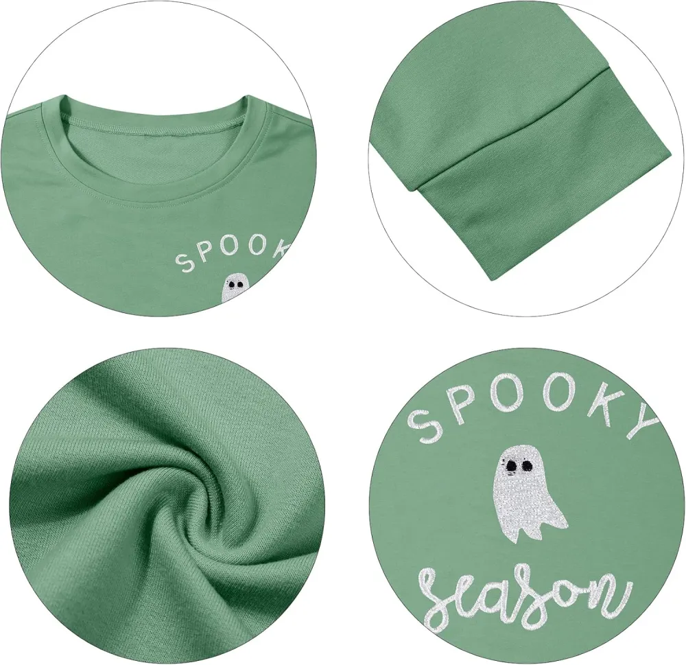 LOTUCY Halloween Sweatshirt Women Cute Spooky Season Sweatshirts Ghost Fall Embroidered Sweater Pullover Top