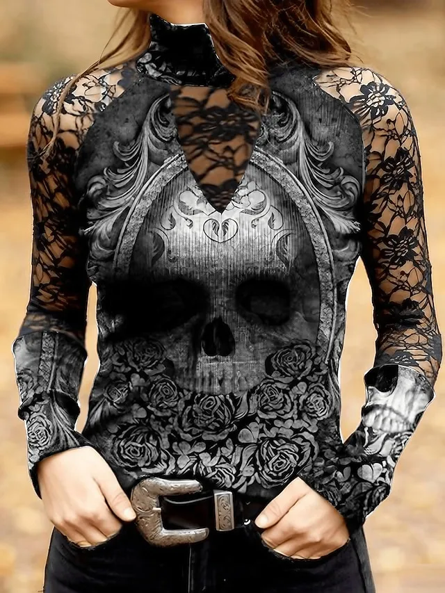 Women's T shirt Tee Black Skull Lace Print Long Sleeve Halloween Weekend Basic High Neck Regular Painting S