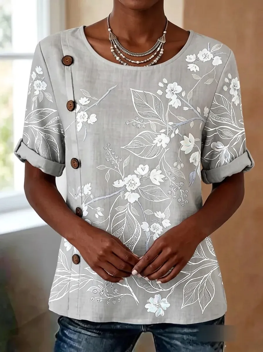 Women's Nashville Floral Botanical Printed Button-Detail Top