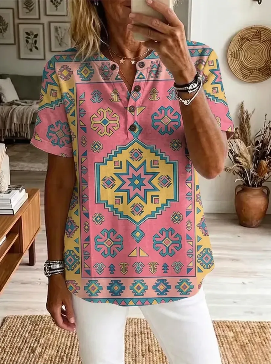 Women's Nashville Boho Geometric Pattern Printed Henley Shirt