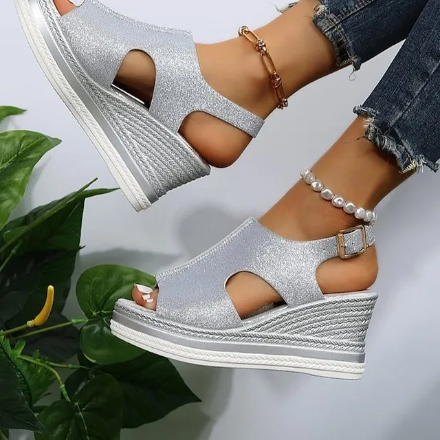 Women's Sandals Wedge Sandals Platform Sandals Plus Size Outdoor Daily Beach Summer Wedge Heel Peep Toe Casual Minimalism Faux Leather Buckle Solid Color Silver Gold