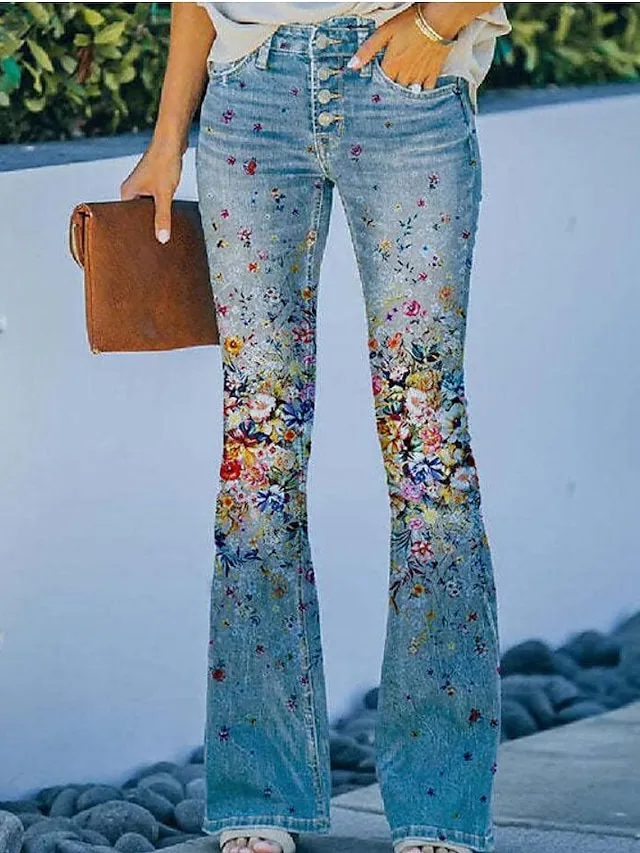 Women's Jeans Bootcut Flared Pants Full Length Faux Denim Print High Elasticity High Waist Fashion Streetwear Casual Daily 1 2 S M Fall & Winter