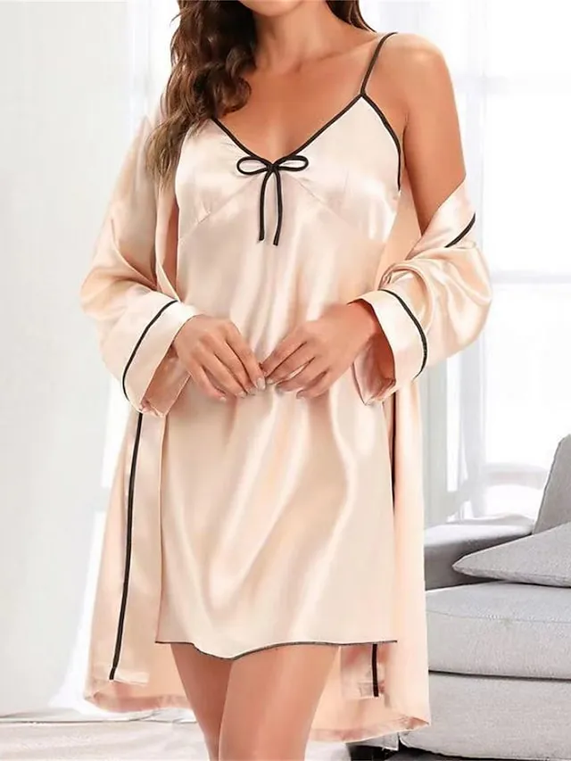Women's Pajamas Robes Gown Nightshirt Dress 2 Pieces Pure Color Fashion Casual Soft Home Daily Bed Polyester Breathable Straps Long Sleeve Summer Fall Black Pink