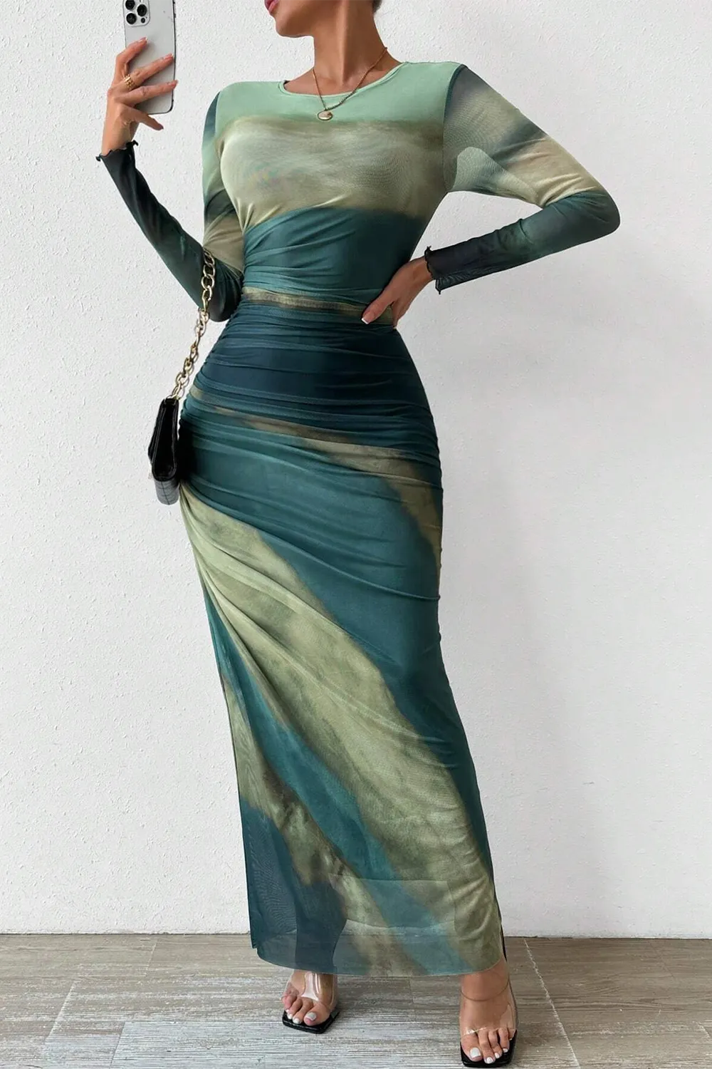 Women's Tie Dye Long Sleeve Pleated Dress Multicolor