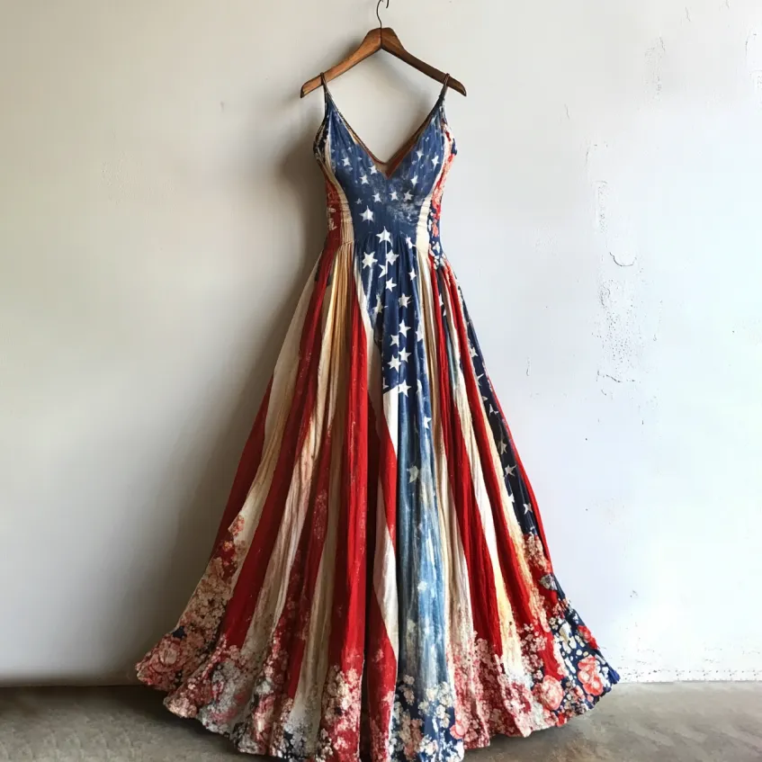 Women's Vintage Independence Day Flag Flower Art Linen Maxi Dress