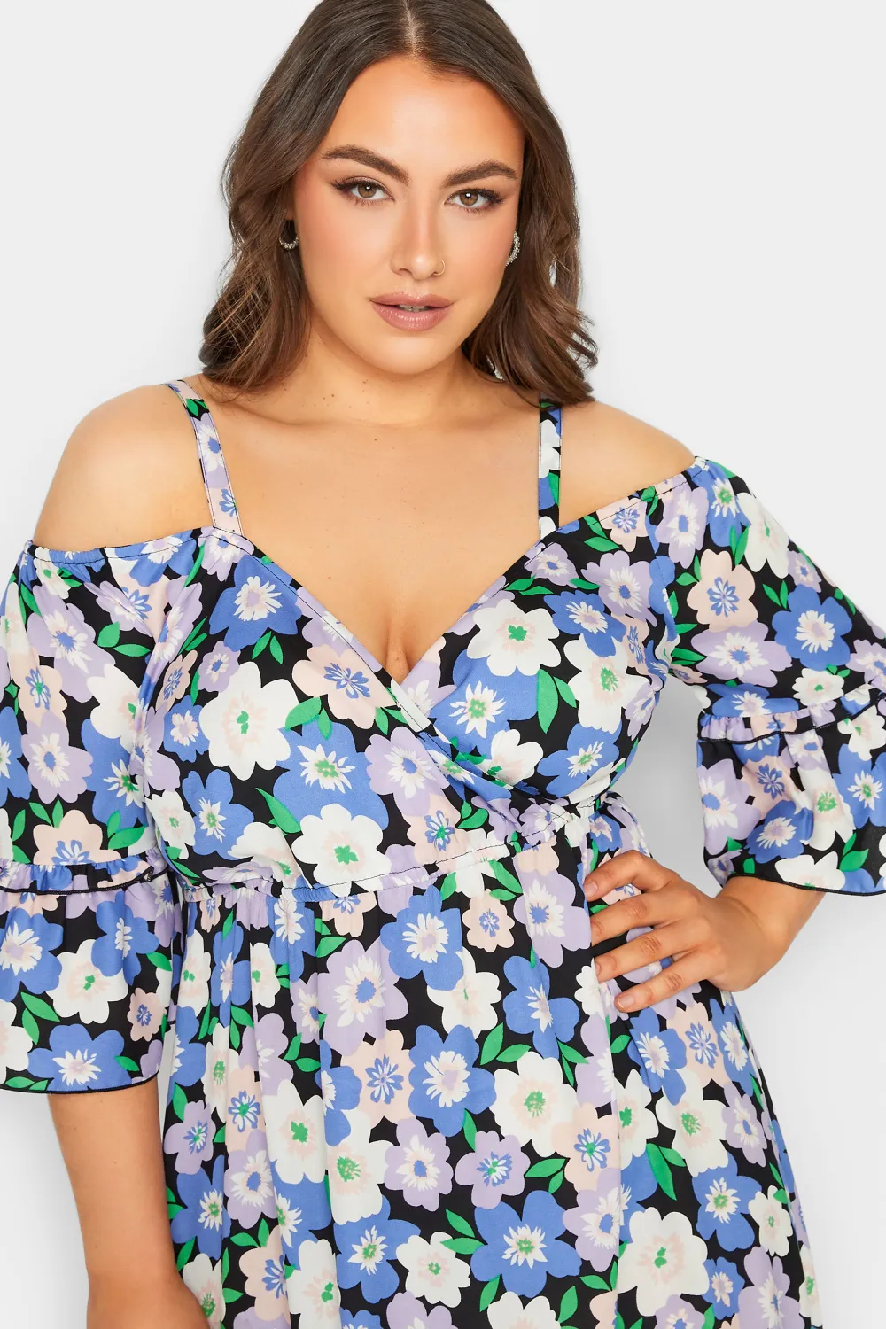 YOURS Curve Black Floral Cold Shoulder Midaxi Dress