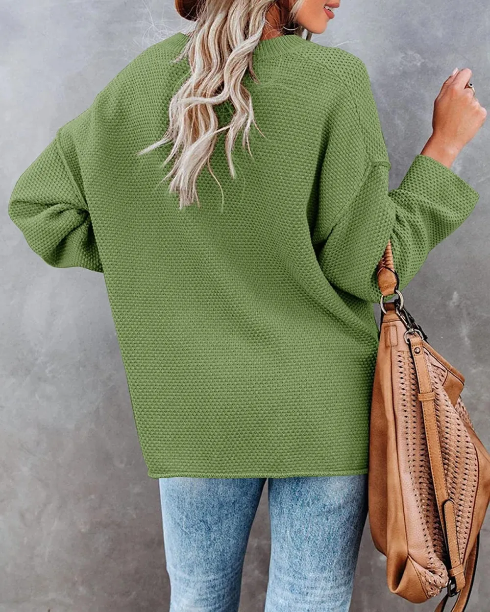 Women's Oversized Sweaters Batwing Long Sleeve Loose V Neck Button Henley Tops Pullover Knit Jumper