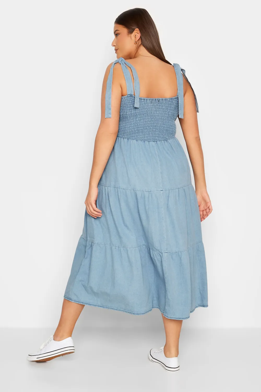 LTS Tall Blue Denim Shirred Tiered Midi Dress