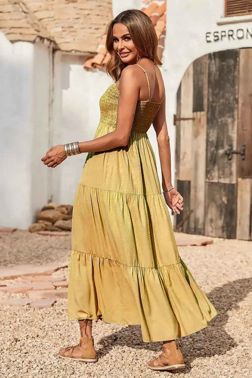 Sleeveless Spaghetti Strap Smocked Tiered Maxi Dress