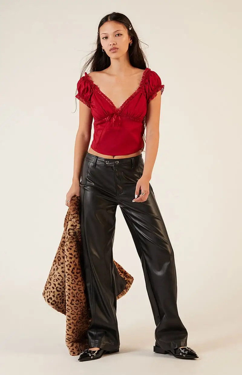 LA Hearts Lace Trim Tie Front Top