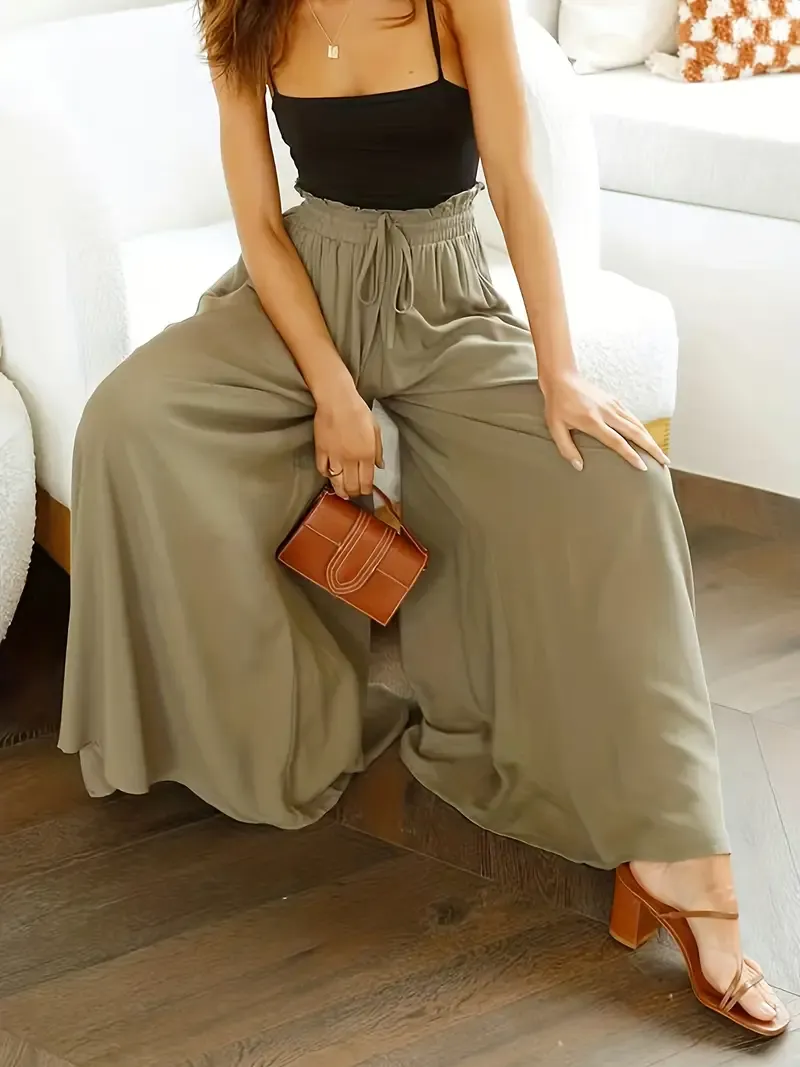 Women's Wide Leg Palazzo Pants, Flowy Ruffle Solid Pants - Comfortable, Breathable Fabric - For Casual & Formal Occasions - Perfect Gift for Women