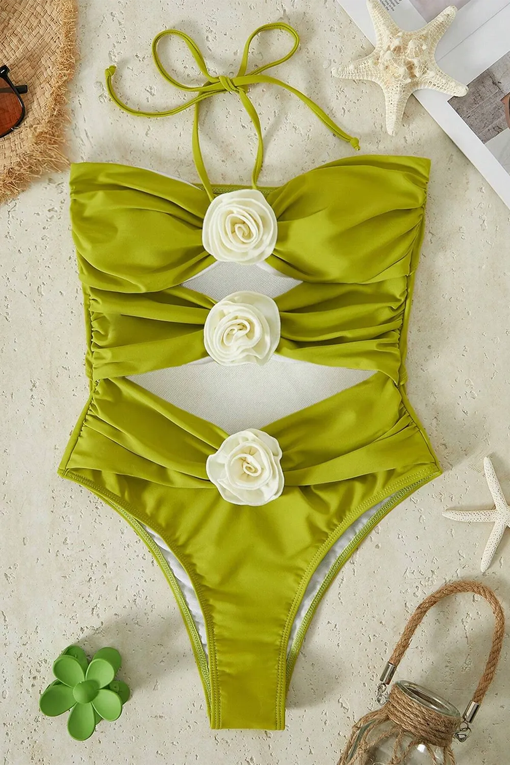 Bikinx Monochrome Halter Neck 3d Flower Decoration Sexy One-piece Swimsuit