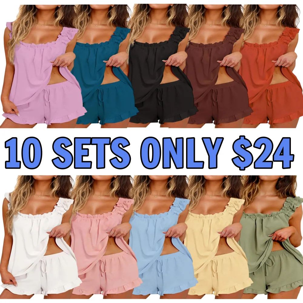 Womens Pajamas Set Ruffle Soft Tank Top and Shorts