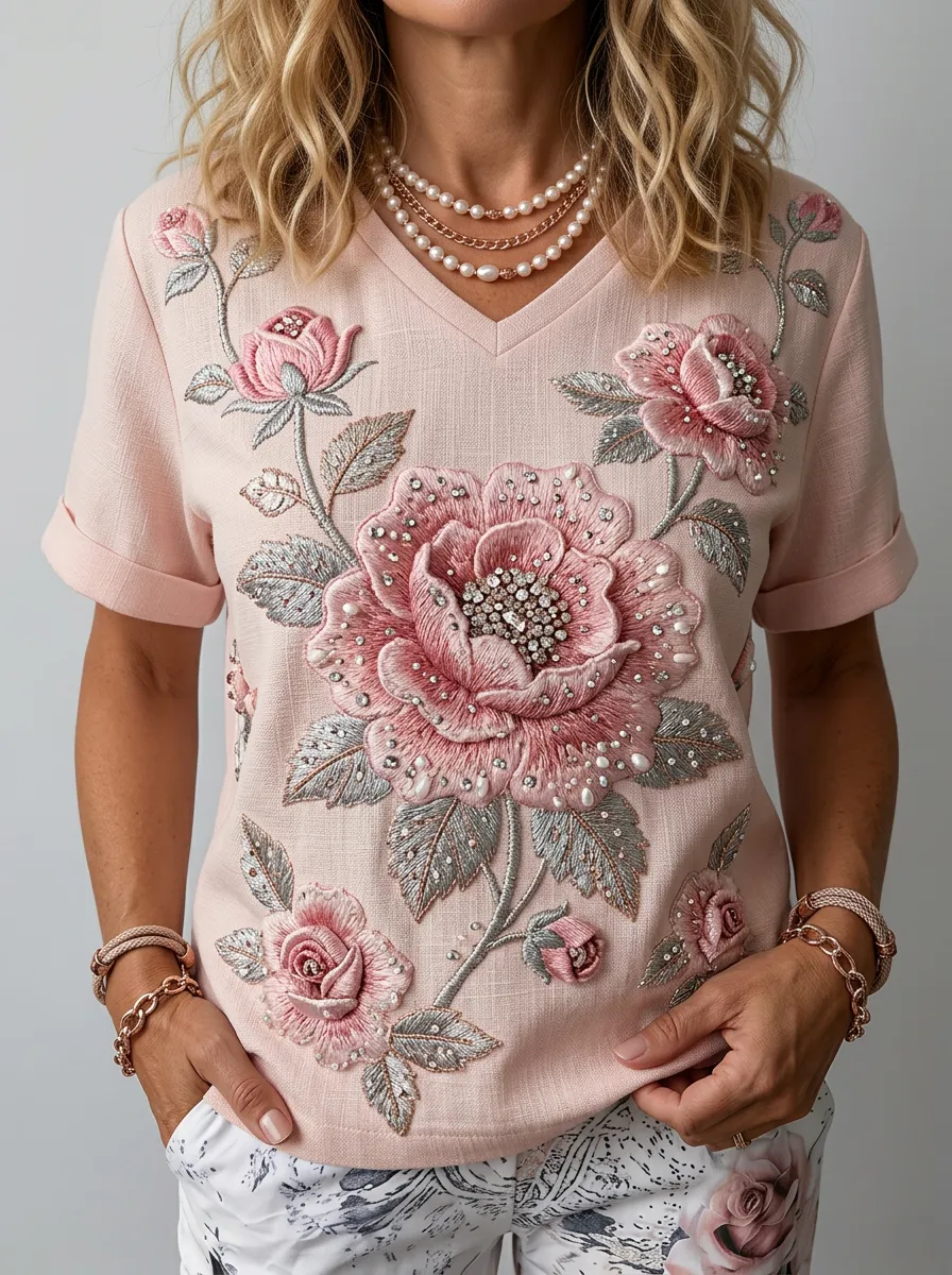 Women's Nashville Floral Rhinestone Embroidered Printed T-shirt