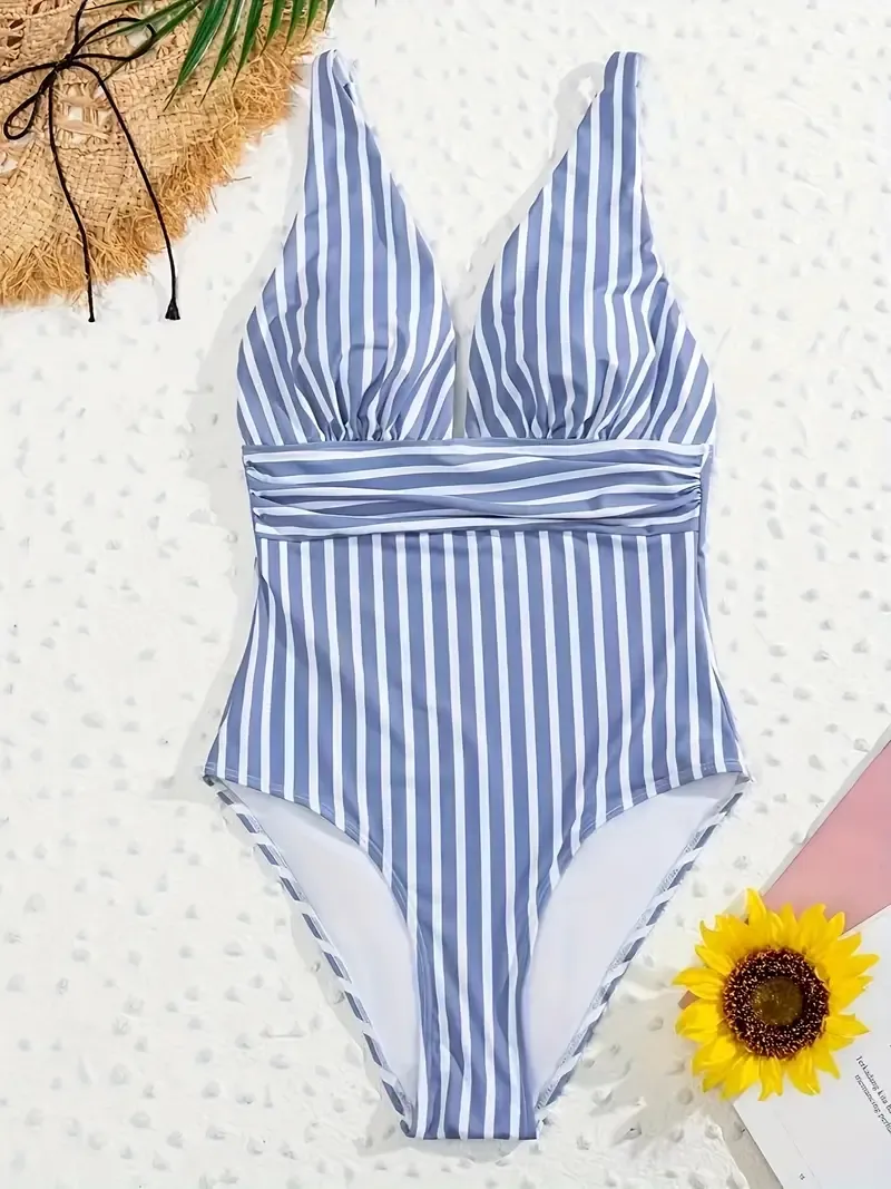 Striped Print Ruched V Neck One-piece Swimsuit, Spaghetti Strap Backless High Stretch Retro Bathing Suits - Polyester & Spandex - For Women - Perfect for Summer Beach Vacations & Pool Parties - Ideal Gift for Summer Lovers