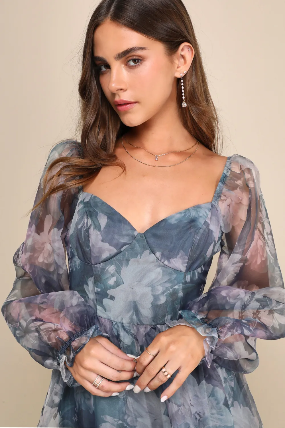 Darling Fantasy Blue Floral Organza Balloon Sleeve Mini Dress