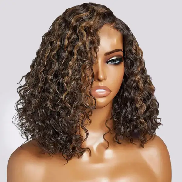 Glueless Wear & Go Water Wave Bob Wig Casual Blonde Highlights Glueless Wig Pre Bleached Human Hair Wig