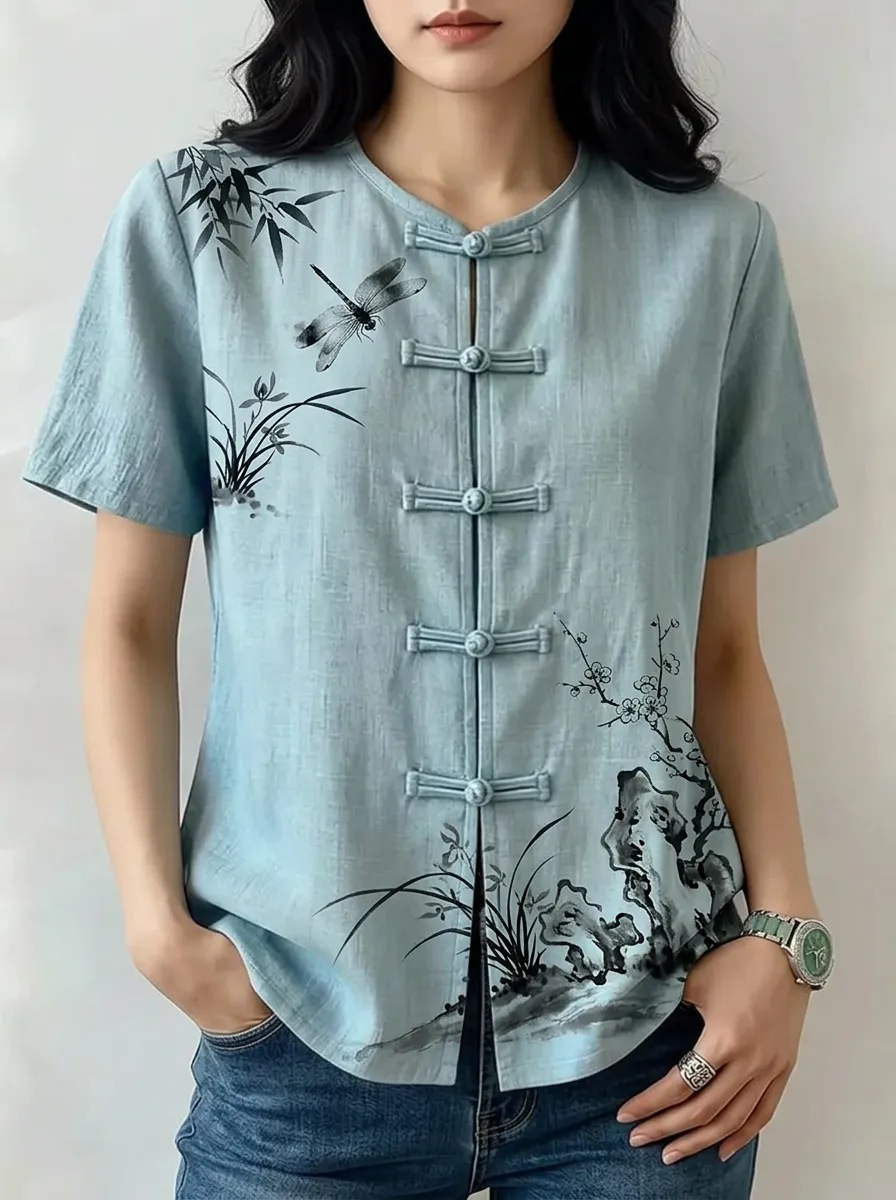 Women's Nashville Dragonfly Bamboo Printed Chinese Knot Button Top