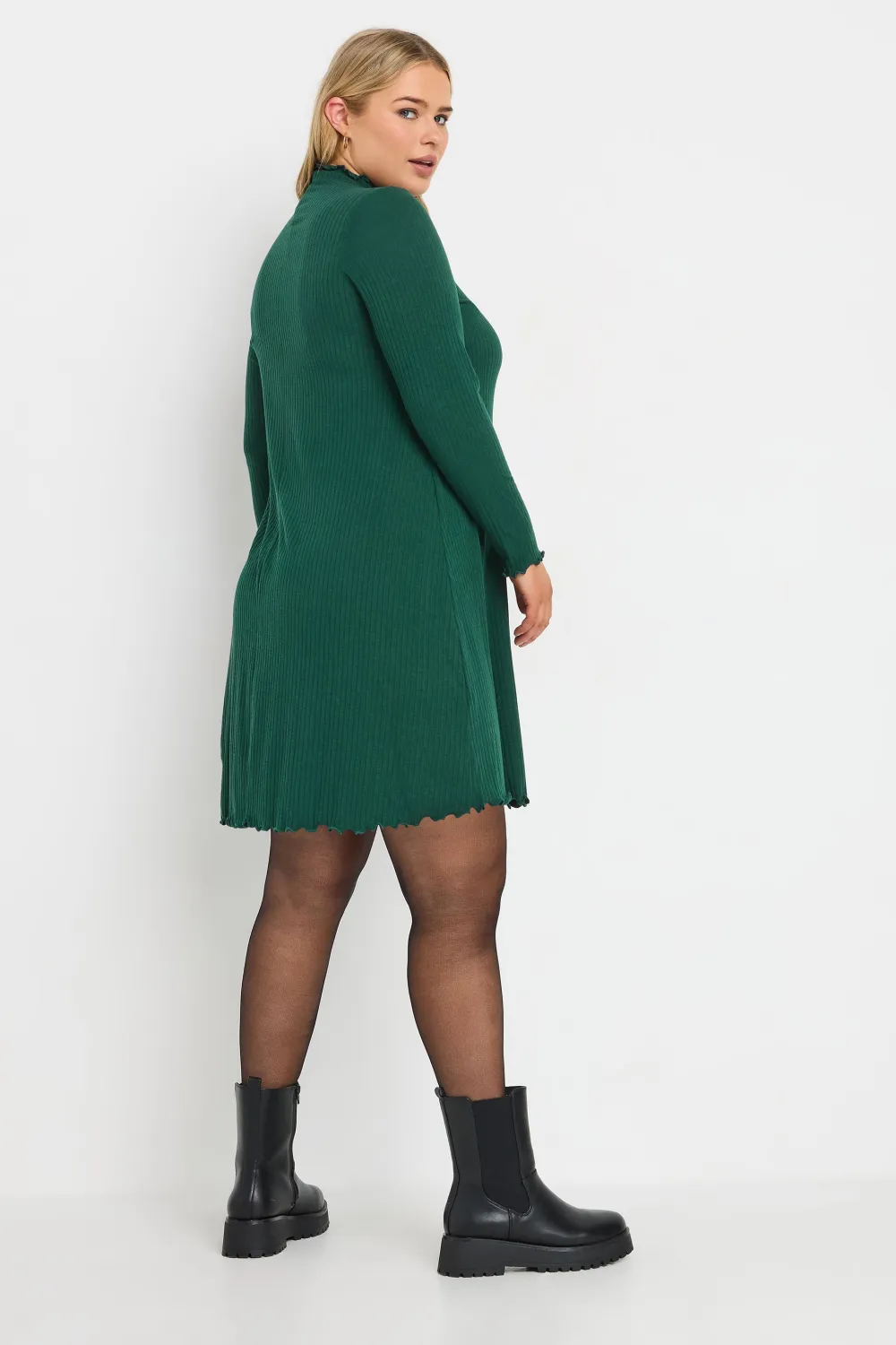 YOURS Curve Forest Green Ribbed Lettuce Hem Tunic Dress