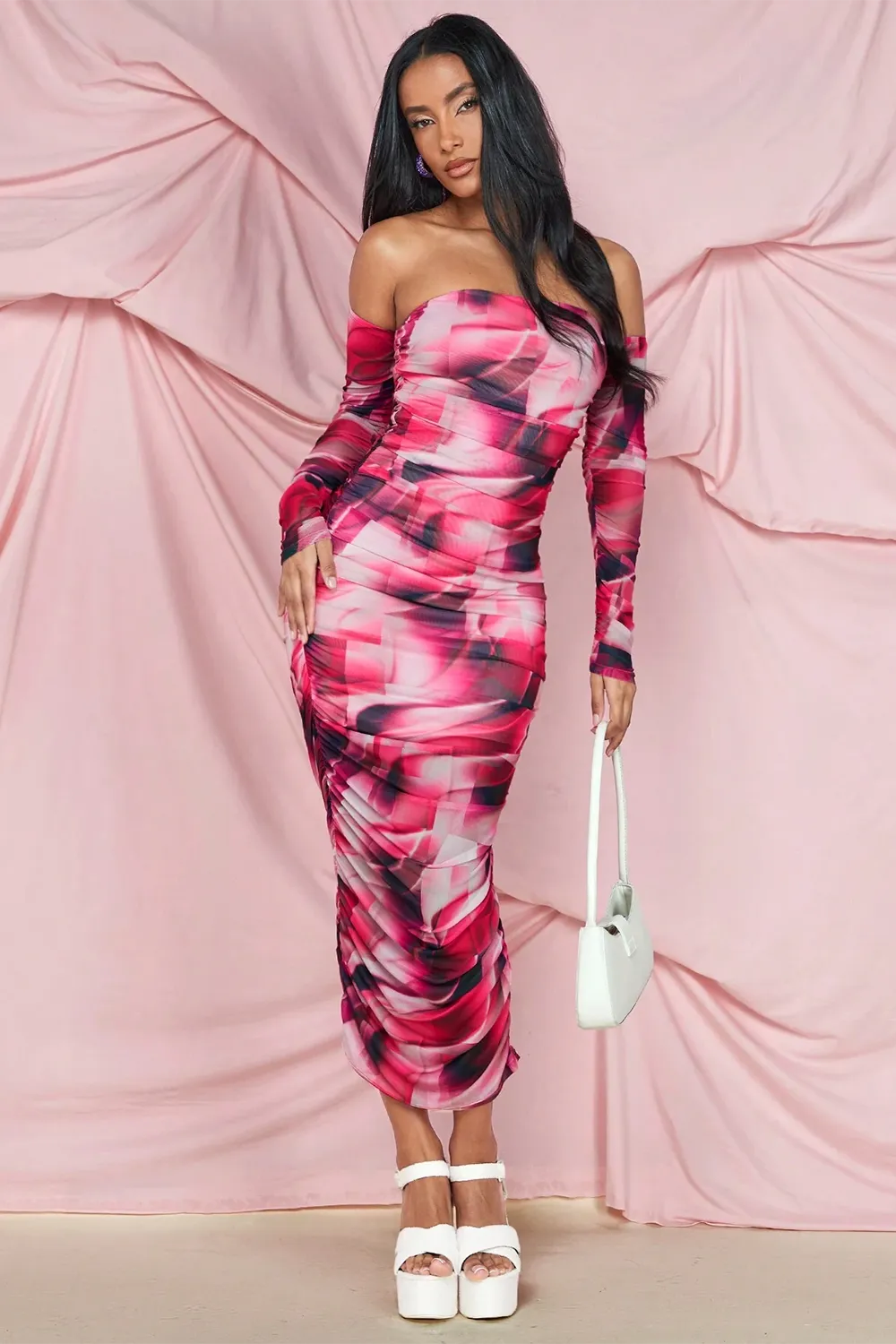BAE Tie Dye Off Shoulder Ruched Side Bodycon Dress