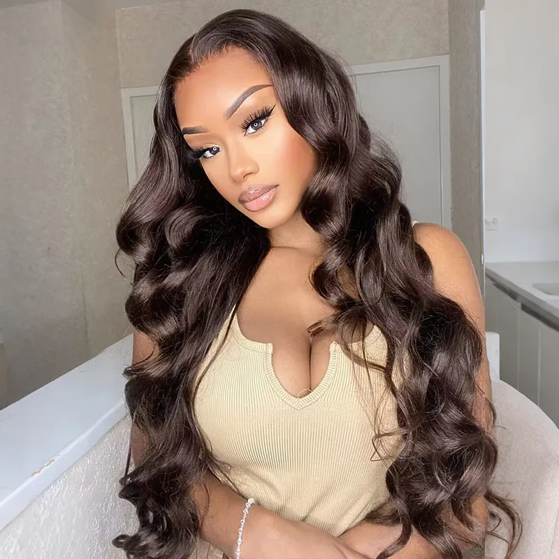 Affordable #2 Dark Brown Body Wave 13x6 Full Lace Frontal Human Hair Wigs