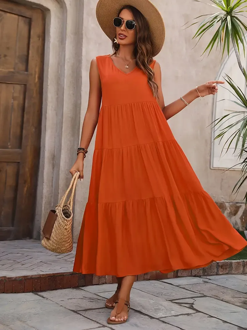 V-Neck Ruffle Hem Sleeveless Dress for Women, Casual Summer Dress for Spring