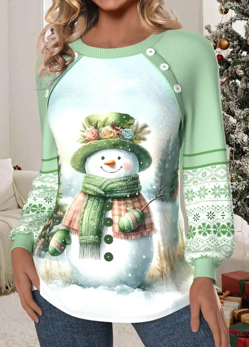 Christmas Light Green Patchwork Long Sleeve Round Neck Sweatshirt
