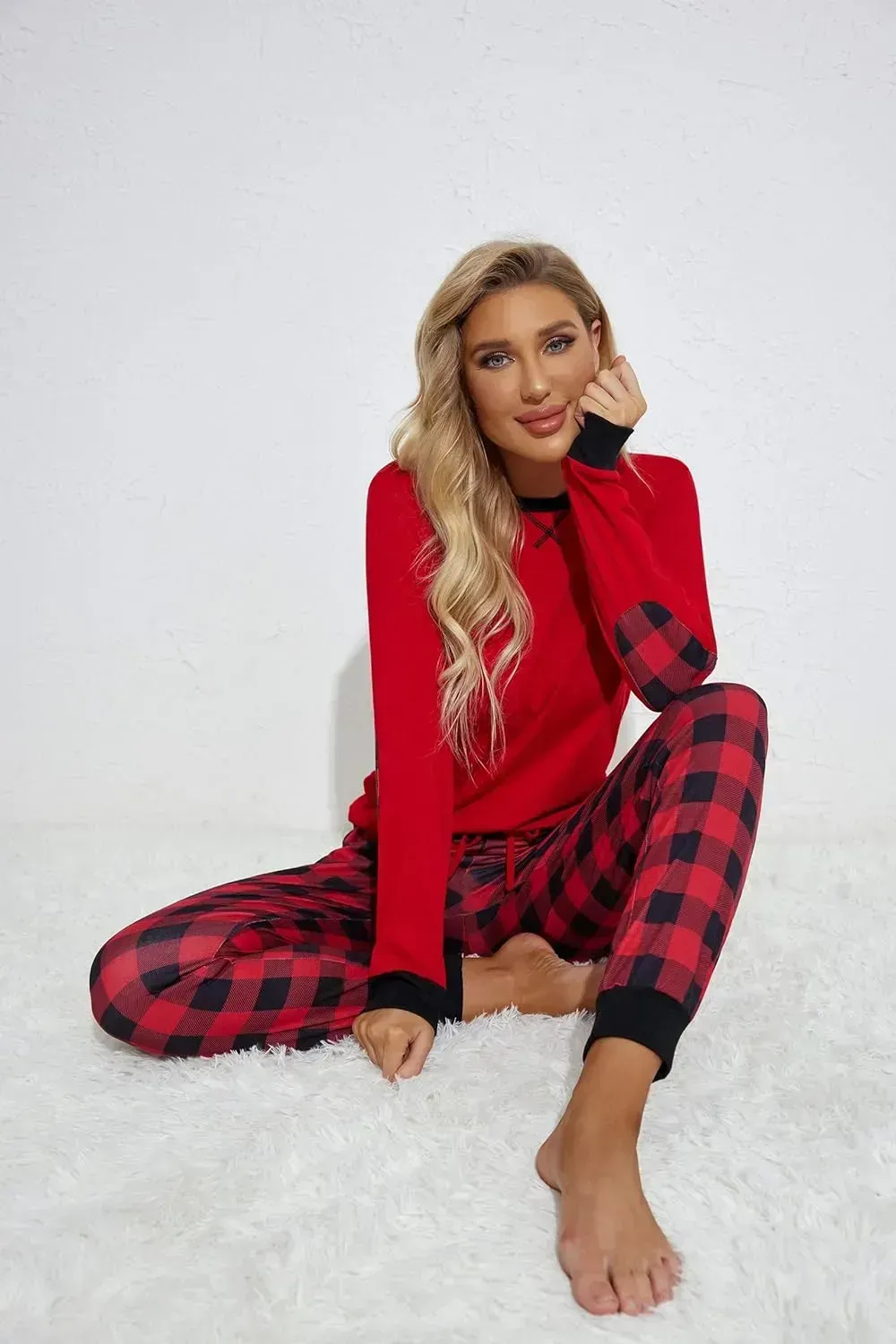 Women's Pajamas Sets Long Sleeve with Plaid Pants Soft Sleepwear O Neck 2 Piece Pjs Joggers Loung Set with Pockets