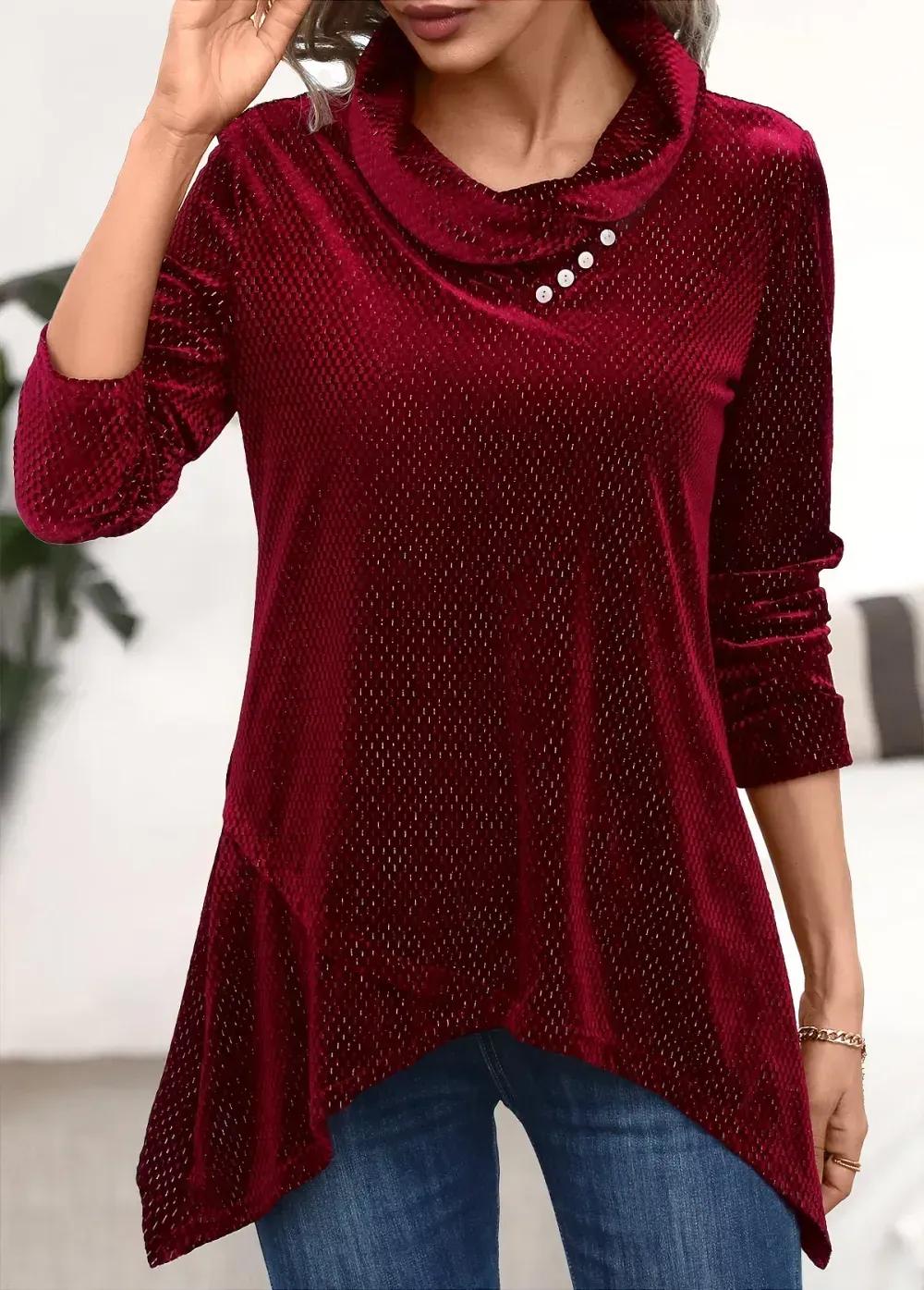 Wine Red Shinning Long Sleeve Asymmetrical Neck Sweatshirt