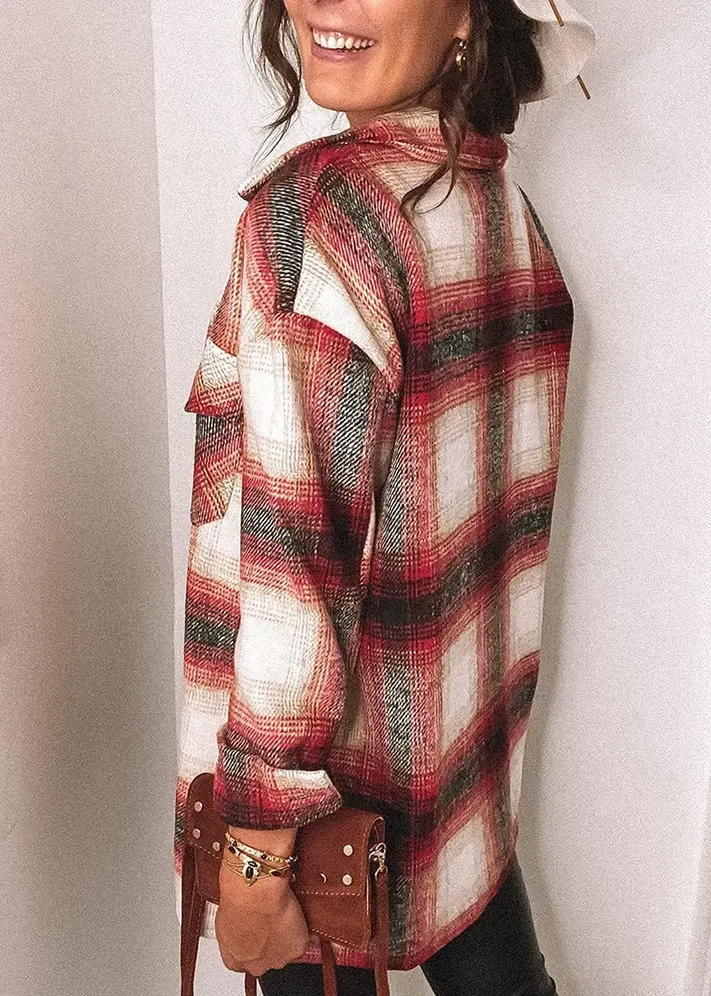 Women's 2023 Fall Clothes Plaid Shacket Jacket Long Sleeve Button Down Flannel Shirts Fashion Blouse