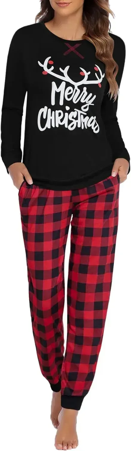 Women's Pajamas Sets Long Sleeve with Plaid Pants Soft Sleepwear O Neck 2 Piece Pjs Joggers Loung Set with Pockets