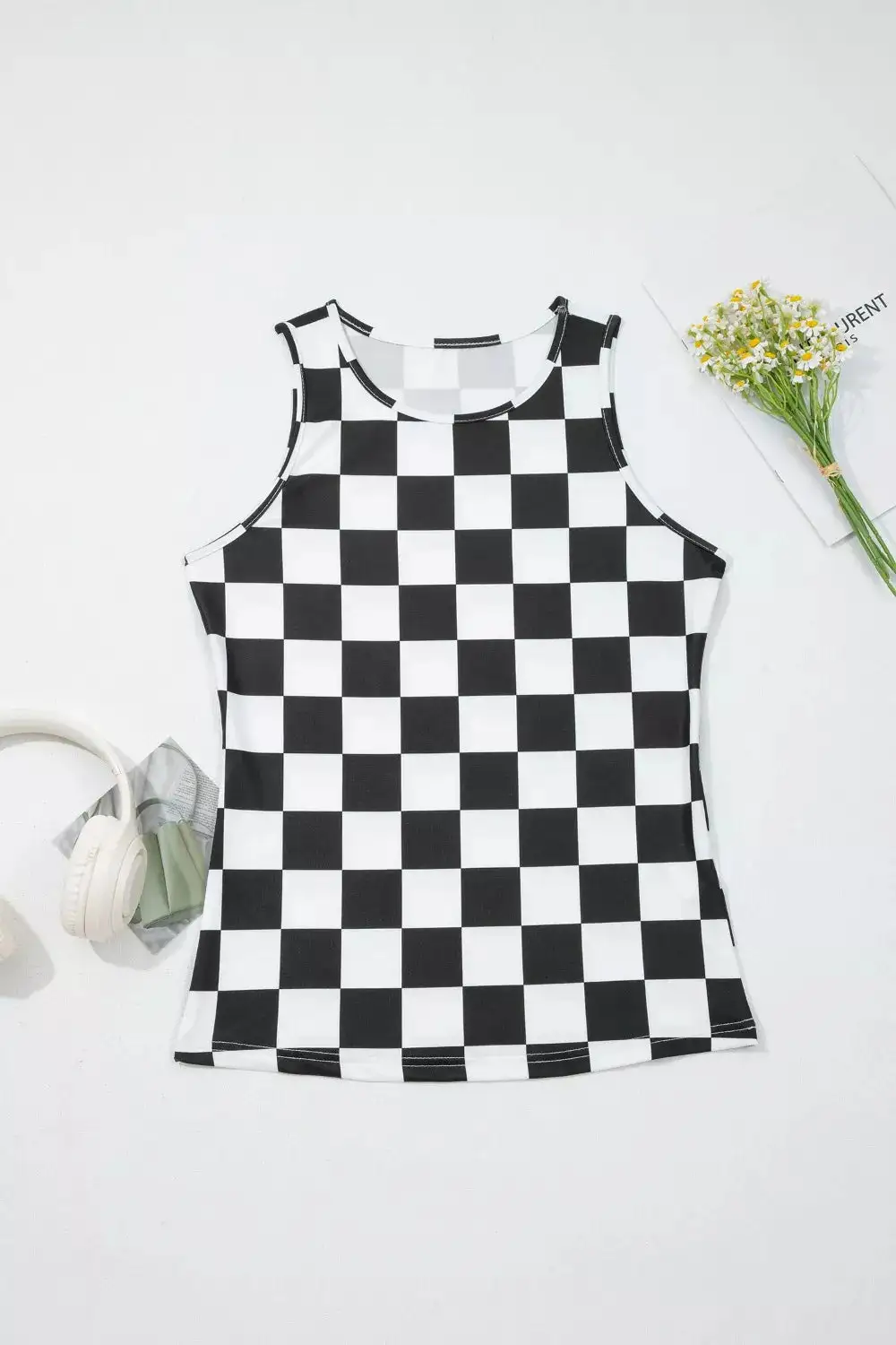 Checkerboard Printed Slim Tank Top