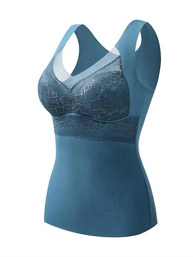 Women‘s Thermal Vest Underwear Built-in Bra Pure Color Warm Fashion Home Street Daily Polyester Warm Breathable Straps Sleeveless Fall Winter Black color